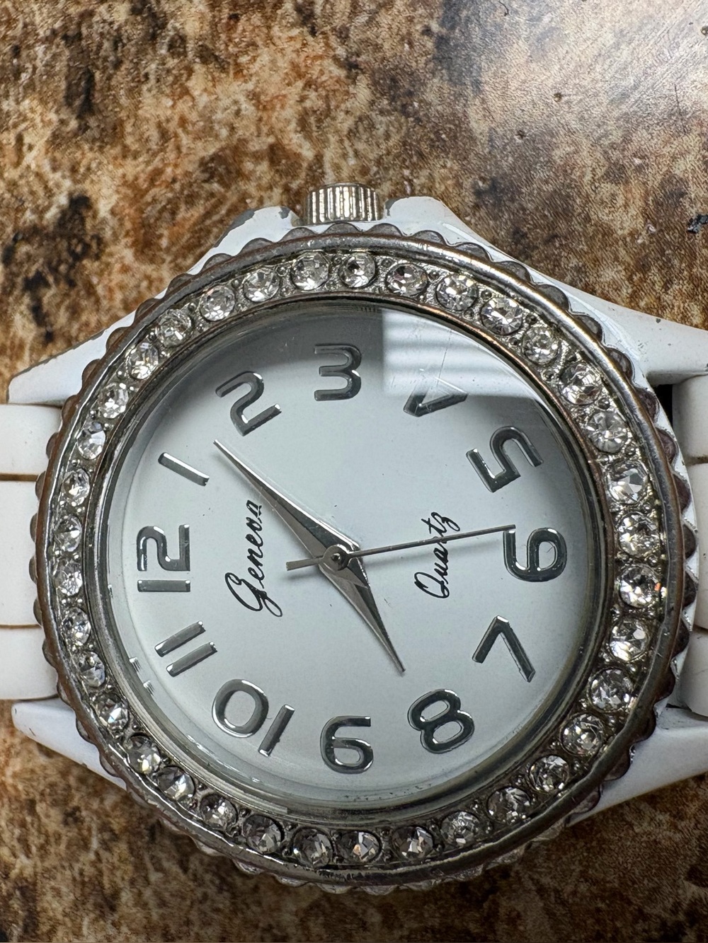 Geneva Platinum White Rhinestone Bezel Quartz Watch Japan Movt Silicone Strap